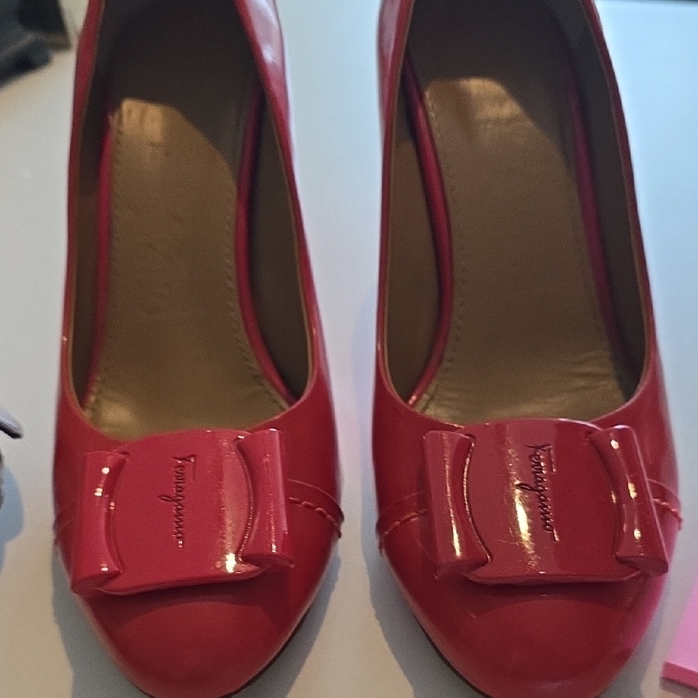 Salvatore Ferragamo Patent Red Bow Pumps
